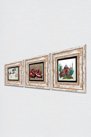 İstanbul Ayasofya, Leonardo da Vinci At Heykeli, Nar Taş Duvar Tablosu Çerçeveli Duvar Dekoru 3 Parça Tablo Seti Wall Art