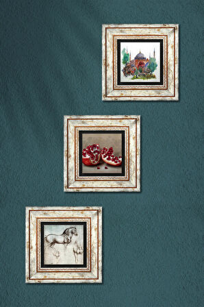 İstanbul Ayasofya, Leonardo da Vinci At Heykeli, Nar Taş Duvar Tablosu Çerçeveli Duvar Dekoru 3 Parça Tablo Seti Wall Art