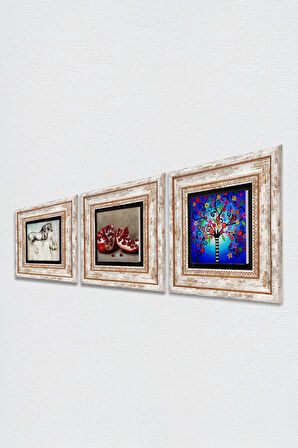 Hayat Ağacı, Leonardo da Vinci At Heykeli, Nar Taş Duvar Tablosu Çerçeveli Duvar Dekoru 3 Parça Tablo Seti Wall Art
