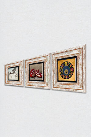 Nazar Boncuğu, Leonardo da Vinci At Heykeli, Nar Taş Duvar Tablosu Çerçeveli Duvar Dekoru 3 Parça Tablo Seti Wall Art