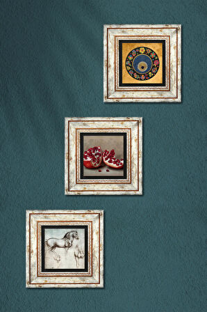 Nazar Boncuğu, Leonardo da Vinci At Heykeli, Nar Taş Duvar Tablosu Çerçeveli Duvar Dekoru 3 Parça Tablo Seti Wall Art