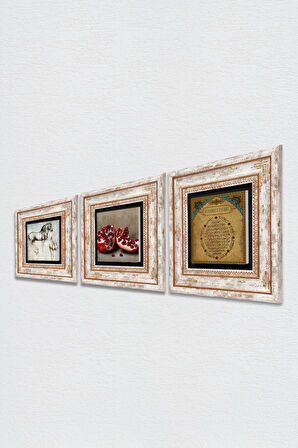 Bereket Duası, Nar, At Taş Duvar Tablosu Çerçeveli Duvar Dekoru 3 Parça Tablo Seti Wall Art