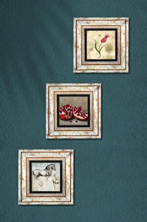 Lale Ebru Sanatı, Leonardo da Vinci At Heykeli, Nar Taş Duvar Tablosu Çerçeveli Duvar Dekoru 3 Parça Tablo Seti Wall Art