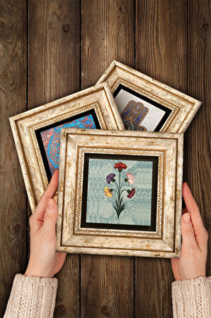 Nazar, Ebru Sanatı, Çini Sanatı Taş Duvar Tablosu Çerçeveli Duvar Dekoru 3 Parça Tablo Seti Wall Art