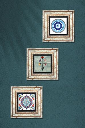 Nazar, Ebru Sanatı, Çini Sanatı Taş Duvar Tablosu Çerçeveli Duvar Dekoru 3 Parça Tablo Seti Wall Art