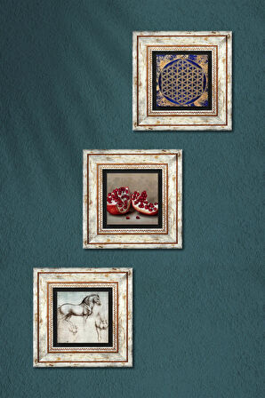 Yaşam Çiçeği, Leonardo da Vinci At Heykeli, Nar Taş Duvar Tablosu Çerçeveli Duvar Dekoru 3 Parça Tablo Seti Wall Art