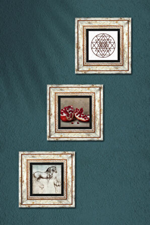 Sri Yantra, Leonardo da Vinci At Heykeli, Nar Taş Duvar Tablosu Çerçeveli Duvar Dekoru 3 Parça Tablo Seti Wall Art