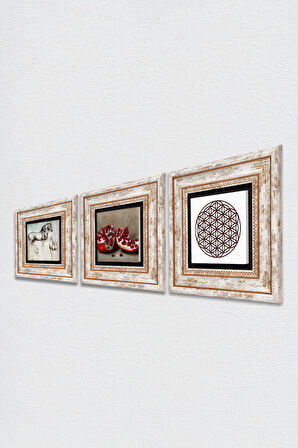 Yaşam Çiçeği, Leonardo da Vinci At Heykeli, Nar Taş Duvar Tablosu Çerçeveli Duvar Dekoru 3 Parça Tablo Seti Wall Art