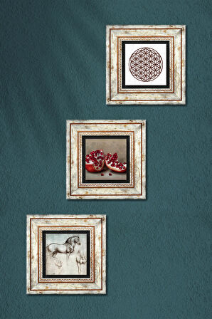 Yaşam Çiçeği, Leonardo da Vinci At Heykeli, Nar Taş Duvar Tablosu Çerçeveli Duvar Dekoru 3 Parça Tablo Seti Wall Art