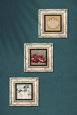 Lotus Çiçeği, Leonardo da Vinci At Heykeli, Nar Taş Duvar Tablosu Çerçeveli Duvar Dekoru 3 Parça Tablo Seti Wall Art