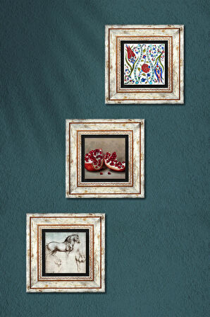 Çini Sanatı Lale, Leonardo da Vinci At Heykeli, Nar Taş Duvar Tablosu Çerçeveli Duvar Dekoru 3 Parça Tablo Seti Wall Art