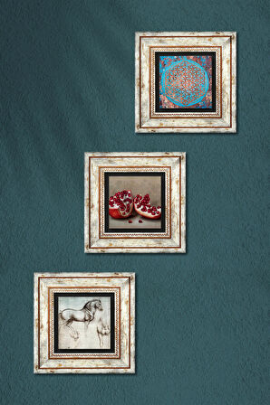 Yaşam Çiçeği, Leonardo da Vinci At Heykeli, Nar Taş Duvar Tablosu Çerçeveli Duvar Dekoru 3 Parça Tablo Seti Wall Art