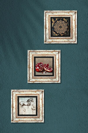 Sri Yantra, Leonardo da Vinci At Heykeli, Nar Taş Duvar Tablosu Çerçeveli Duvar Dekoru 3 Parça Tablo Seti Wall Art