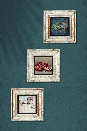 Nazar, Leonardo da Vinci At Heykeli, Nar Taş Duvar Tablosu Çerçeveli Duvar Dekoru 3 Parça Tablo Seti Wall Art