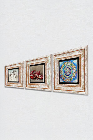 Mandala, Leonardo da Vinci At Heykeli, Nar Taş Duvar Tablosu Çerçeveli Duvar Dekoru 3 Parça Tablo Seti Wall Art