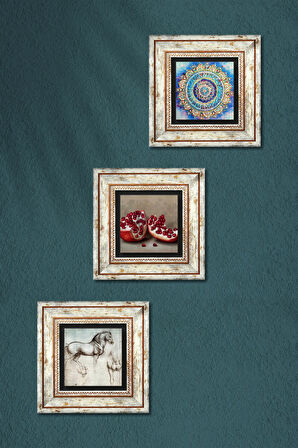 Mandala, Leonardo da Vinci At Heykeli, Nar Taş Duvar Tablosu Çerçeveli Duvar Dekoru 3 Parça Tablo Seti Wall Art