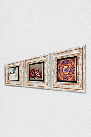 Mandala, Leonardo da Vinci At Heykeli, Nar Taş Duvar Tablosu Çerçeveli Duvar Dekoru 3 Parça Tablo Seti Wall Art