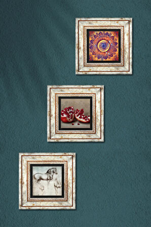 Mandala, Leonardo da Vinci At Heykeli, Nar Taş Duvar Tablosu Çerçeveli Duvar Dekoru 3 Parça Tablo Seti Wall Art