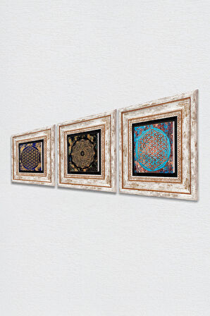 Sri Yantra, Yaşam Çiçeği Taş Duvar Tablosu Çerçeveli Duvar Dekoru 3 Parça Tablo Seti Wall Art