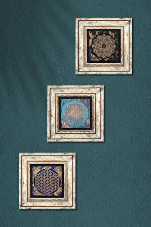 Sri Yantra, Yaşam Çiçeği Taş Duvar Tablosu Çerçeveli Duvar Dekoru 3 Parça Tablo Seti Wall Art