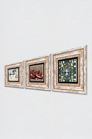 Hayat Ağacı, Leonardo da Vinci At Heykeli, Nar Taş Duvar Tablosu Çerçeveli Duvar Dekoru 3 Parça Tablo Seti Wall Art