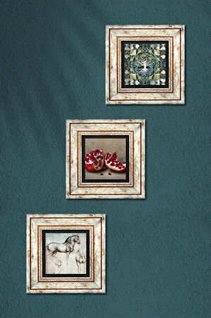 Hayat Ağacı, Leonardo da Vinci At Heykeli, Nar Taş Duvar Tablosu Çerçeveli Duvar Dekoru 3 Parça Tablo Seti Wall Art