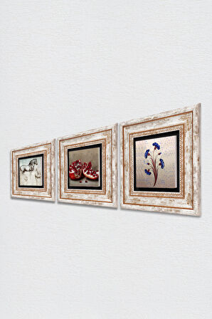 Ebru Sanatı, Leonardo da Vinci At Heykeli, Nar Taş Duvar Tablosu Çerçeveli Duvar Dekoru 3 Parça Tablo Seti Wall Art