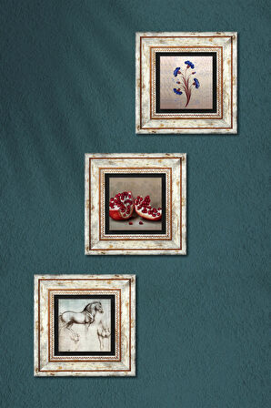 Ebru Sanatı, Leonardo da Vinci At Heykeli, Nar Taş Duvar Tablosu Çerçeveli Duvar Dekoru 3 Parça Tablo Seti Wall Art