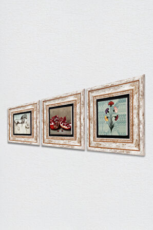 Ebru Sanatı, Leonardo da Vinci At Heykeli, Nar Taş Duvar Tablosu Çerçeveli Duvar Dekoru 3 Parça Tablo Seti Wall Art