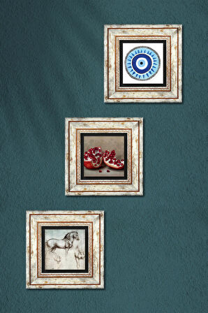 Nazar, Leonardo da Vinci At Heykeli, Nar Taş Duvar Tablosu Çerçeveli Duvar Dekoru 3 Parça Tablo Seti Wall Art