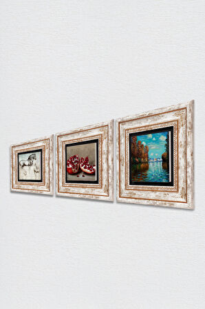 Claude Monet Sonbahar, Leonardo da Vinci At Heykeli, Nar Taş Duvar Tablosu Çerçeveli Duvar Dekoru 3 Parça Tablo Seti Wall Art