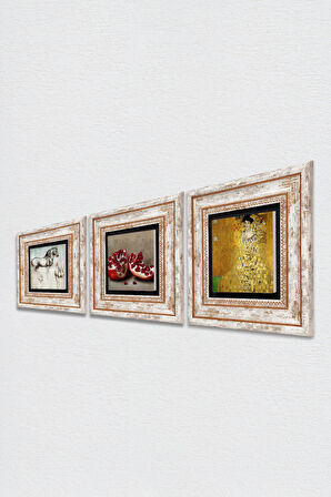 Gustav Klimt, Leonardo da Vinci, Nar Taş Duvar Tablosu Çerçeveli Duvar Dekoru 3 Parça Tablo Seti Wall Art