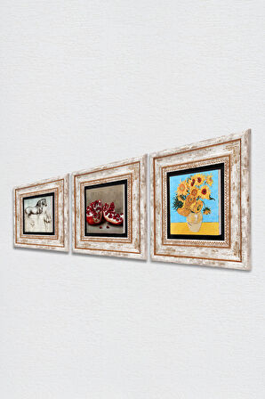 Van Gogh On İki Ayçiçekli Vazo, Da Vinci At Heykeli, Nar Taş Duvar Tablosu Çerçeveli Duvar Dekoru 3 Parça Tablo Seti Wall Art