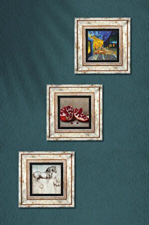 Van Gogh Kafe Terasta Gece, Da Vinci At Heykeli, Nar Taş Duvar Tablosu Çerçeveli Duvar Dekoru 3 Parça Tablo Seti Wall Art