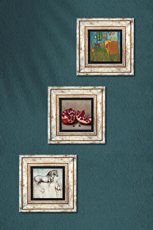 Van Gogh Yatak Odası, Leonardo da Vinci At Heykeli, Nar Taş Duvar Tablosu Çerçeveli Duvar Dekoru 3 Parça Tablo Seti Wall Art