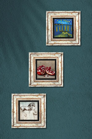 Van Gogh, Leonardo da Vinci, Nar Taş Duvar Tablosu Çerçeveli Duvar Dekoru 3 Parça Tablo Seti Wall Art