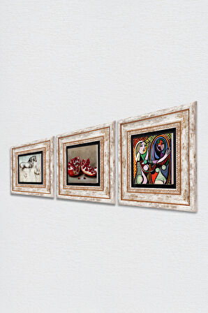 Picasso Ayna Karşısındaki Kız, Da Vinci At Heykeli, Nar Taş Duvar Tablosu Çerçeveli Duvar Dekoru 3 Parça Tablo Seti Wall Art