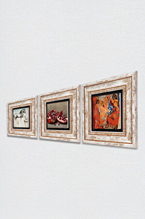 Picasso Avignonlu Kızlar, Leonardo da Vinci At Heykeli, Nar Taş Duvar Tablosu Çerçeveli Duvar Dekoru 3 Parça Tablo Seti Wall Art