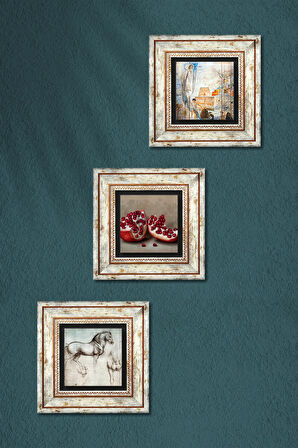Salvador Dalí, Leonardo da Vinci, Nar Taş Duvar Tablosu Çerçeveli Duvar Dekoru 3 Parça Tablo Seti Wall Art