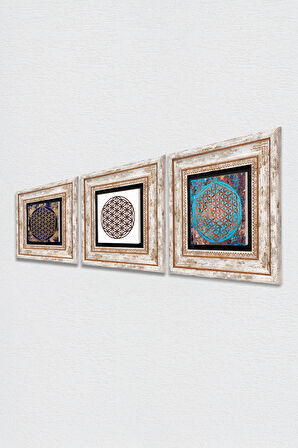 Yaşam Çiçeği Taş Duvar Tablosu Çerçeveli Duvar Dekoru 3 Parça Tablo Seti Wall Art