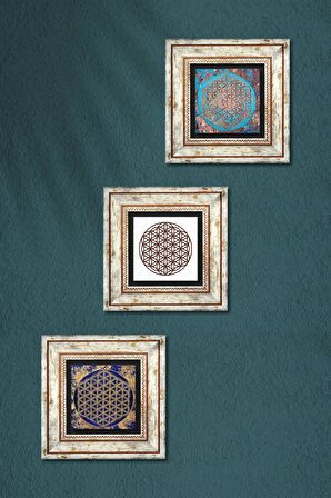 Yaşam Çiçeği Taş Duvar Tablosu Çerçeveli Duvar Dekoru 3 Parça Tablo Seti Wall Art