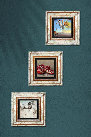 Salvador Dalí, Leonardo da Vinci, Nar Taş Duvar Tablosu Çerçeveli Duvar Dekoru 3 Parça Tablo Seti Wall Art