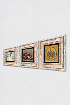 Ayet-el Kürsi, Nar, At Taş Duvar Tablosu Çerçeveli Duvar Dekoru 3 Parça Tablo Seti Wall Art