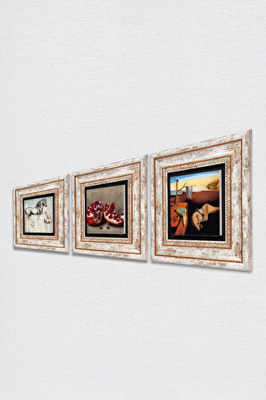 Salvador Dalí Belleğin Azmi, Da Vinci At Heykeli, Nar Taş Duvar Tablosu Çerçeveli Duvar Dekoru 3 Parça Tablo Seti Wall Art