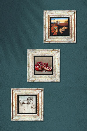 Salvador Dalí Belleğin Azmi, Da Vinci At Heykeli, Nar Taş Duvar Tablosu Çerçeveli Duvar Dekoru 3 Parça Tablo Seti Wall Art