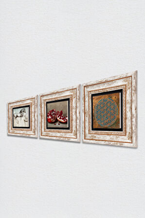 Yaşam Çiçeği, Leonardo da Vinci At Heykeli, Nar Taş Duvar Tablosu Çerçeveli Duvar Dekoru 3 Parça Tablo Seti Wall Art