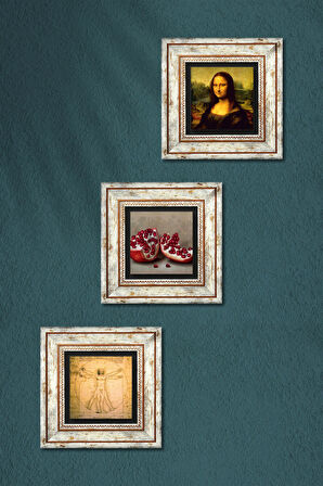 Leonardo da Vinci Mona Lisa, Vitruvius Adamı, Nar Taş Duvar Tablosu Çerçeveli Duvar Dekoru 3 Parça Tablo Seti Wall Art