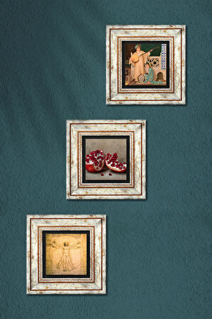 İki Müzisyen Kız, Leonardo da Vinci Vitruvius Adamı, Nar Taş Duvar Tablosu Çerçeveli Duvar Dekoru 3 Parça Tablo Seti Wall Art