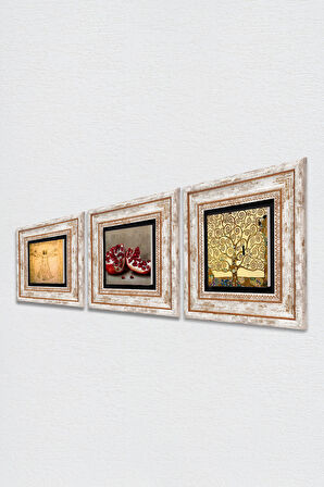 Gustav Klimt Hayat Ağacı, Da Vinci Vitruvius Adamı, Nar Taş Duvar Tablosu Çerçeveli Duvar Dekoru 3 Parça Tablo Seti Wall Art