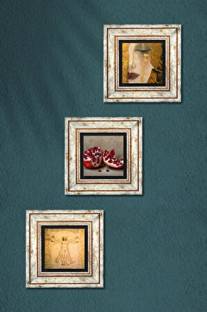 Gustav Klimt, Da Vinci, Nar Taş Duvar Tablosu Çerçeveli Duvar Dekoru 3 Parça Tablo Seti Wall Art